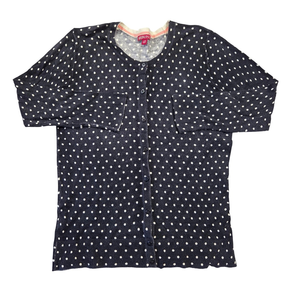 Merona Womens Navy Blue White Polka Dot Cardigan Sweater Cotton L Preppy Career